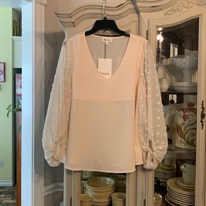& merci women’s Pom Pom Sleeve Blouse Top blush/ecru L NEW NWT